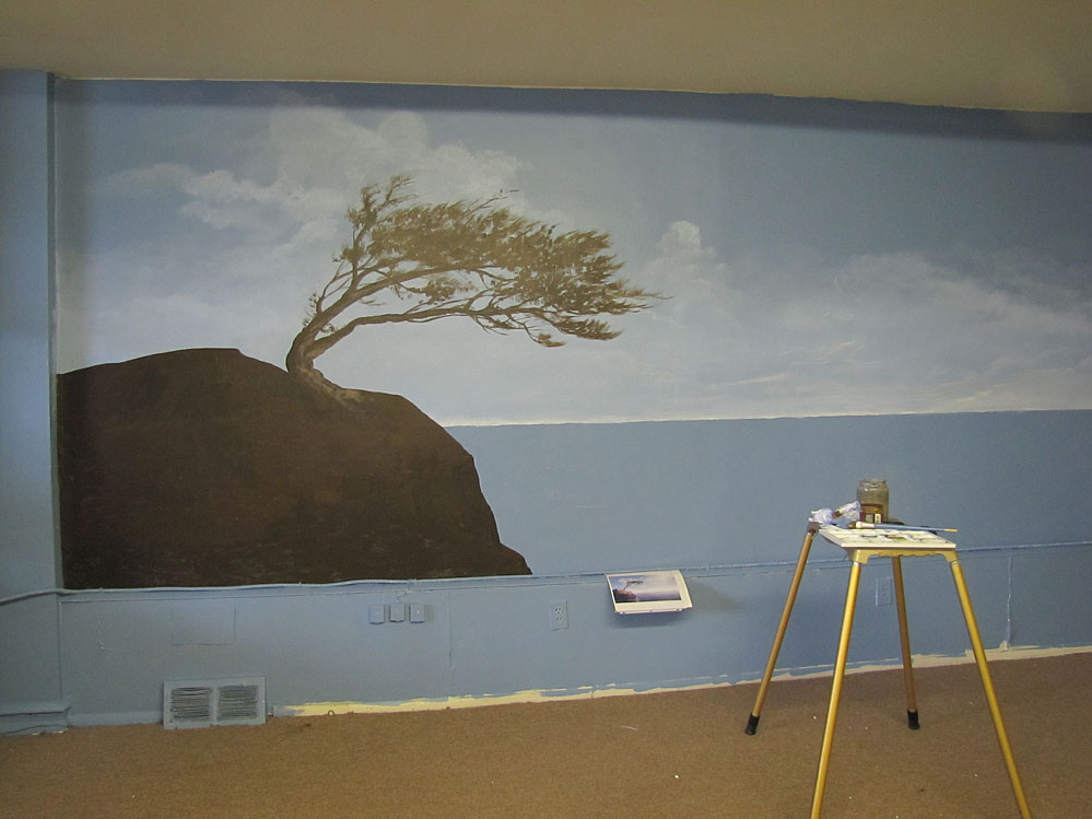 The tree is roughly painted in